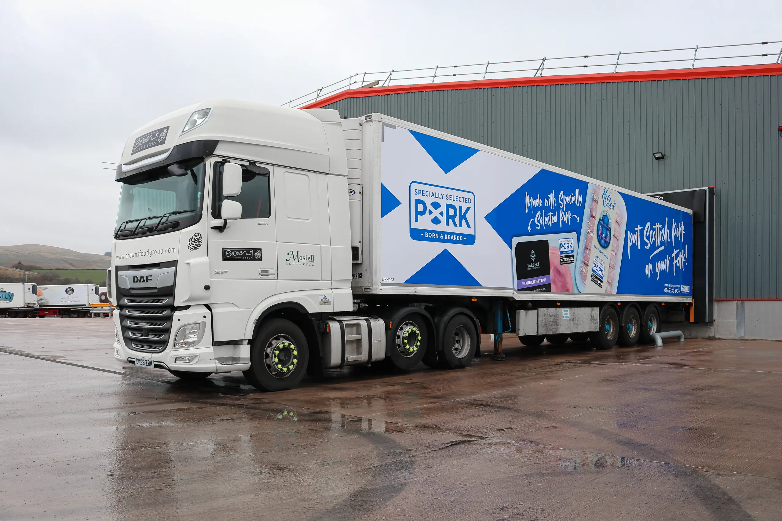 A Browns refrigerated lorry in 'Put Scottish pork on your fork' livery outside the Kelloholm factory